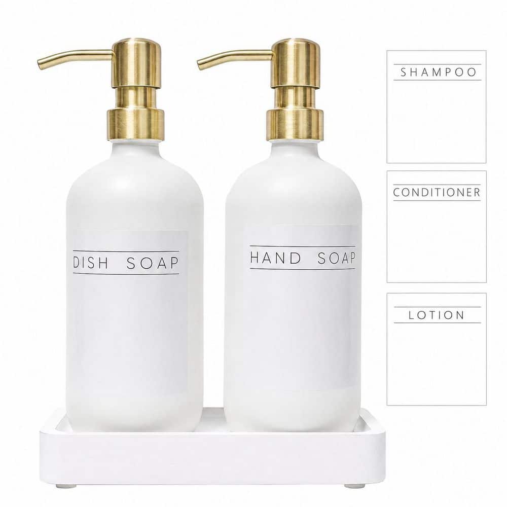 Glass Soap Dispenser Set with Stainless Steel Pumps and Wood Tray, 16 Oz White Bottles, Gold Pumps price history on PriceWatchPro