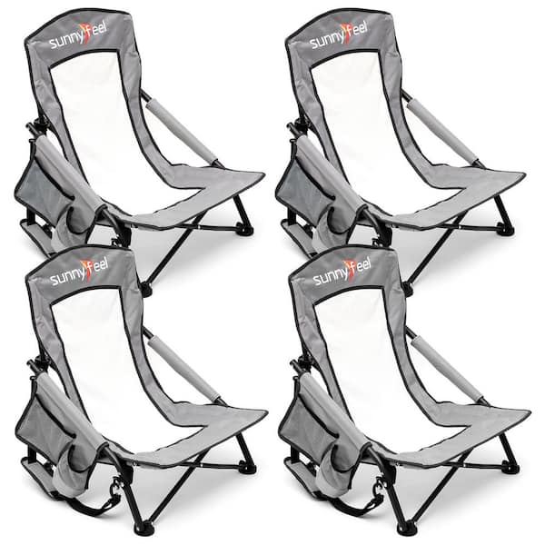 Clihome Outdoor Metal Frame Grey Folding Beach Chair with Side Pocket (Set of 4)