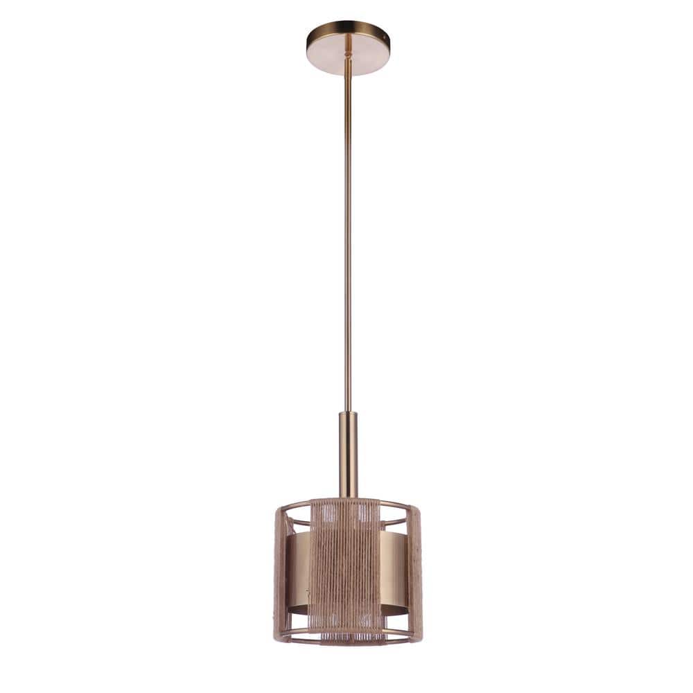 Satin Brass Mini Pendant Light with Hemp Rope Drum Shade