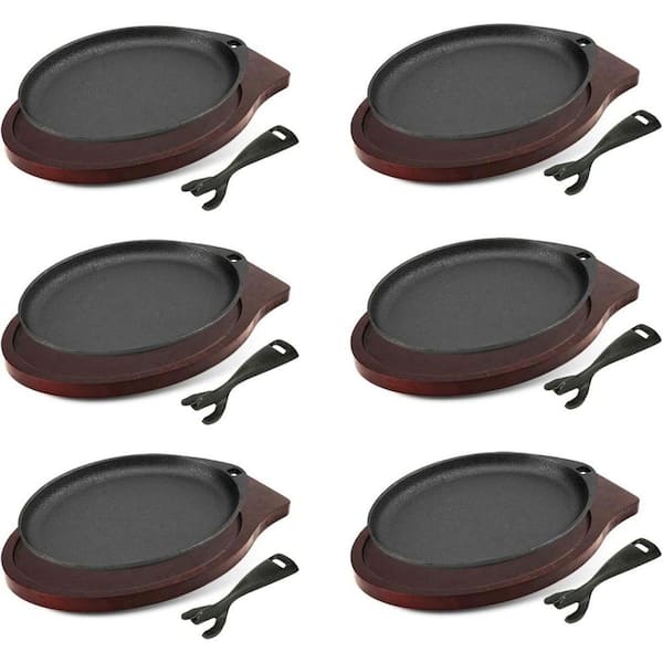 6-Piece Cast Iron Sizzling Plate Cookware Set Pre-Seasoned with Wooden Trays Removable Handles for Grill Bake Fry