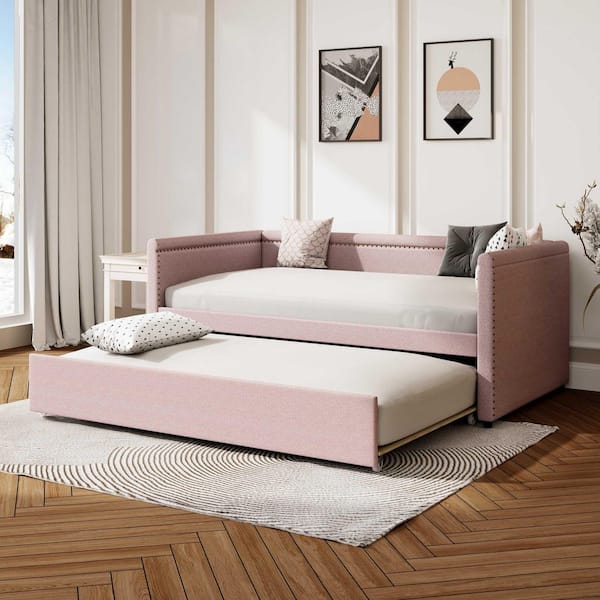 Pink Twin Size Daybed with Trundle for Guest Room