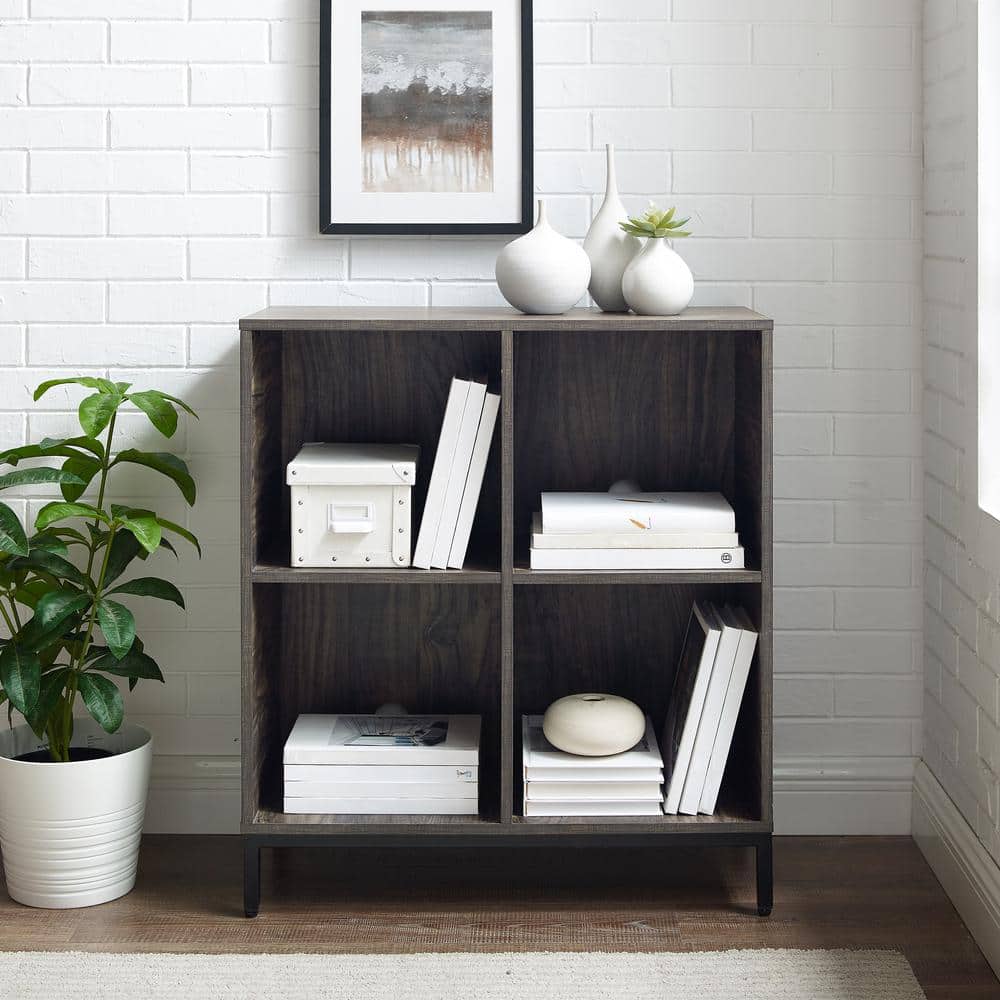 Brown Ash Four-Cube Record Storage Bookcase with Steel Legs