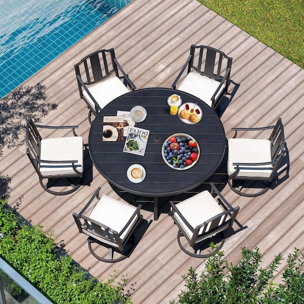 Tamarin 7-Piece Aluminum Outdoor Dining Set with Echo Dune Cushions, Round Dining Table and 6 Swivel Dining Chairs