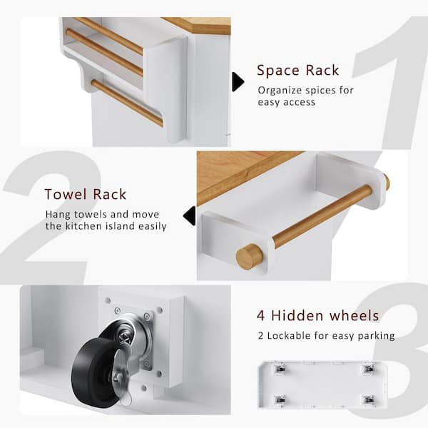 Ziyudura White Rubber Wood Veneer 56 in.Kitchen Island with Drop
