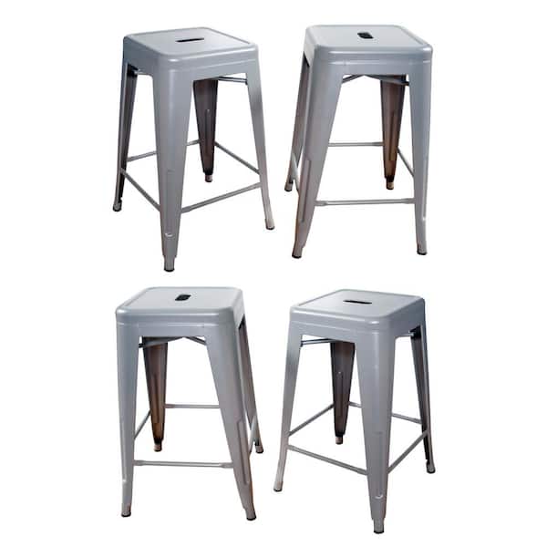 AmeriHome Loft Style 24 in. Stackable Metal Bar Stool in Silver (Set of 4)
