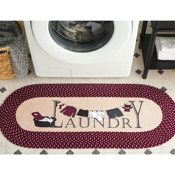 Braided Posters Beige/Burgundy Red 2 ft. x 4 ft. Machine Washable Laundry Poles Oval Runner Rug