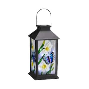 11 in. H Multi-Colored Stylish Textured Glass with Butterfly and Flower Pattern Solar Powered Hanging Lantern (KD)