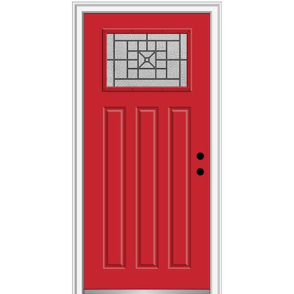 MMI DOOR 36 in. x 80 in. Courtyard Left-Hand 1-Lite Decorative Craftsman 3-Panel Painted Fiberglass Smooth Prehung Front Door