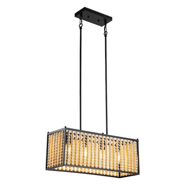 OUKANING 4-Light Black Modern Farmhouse Rectangular Geometric Design Chandelier with Wood Bead Shade