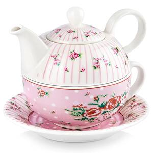Porcelain Tea Pot Set for One 11 Ounce Teapot 1 Piece Teacup and Saucer Set