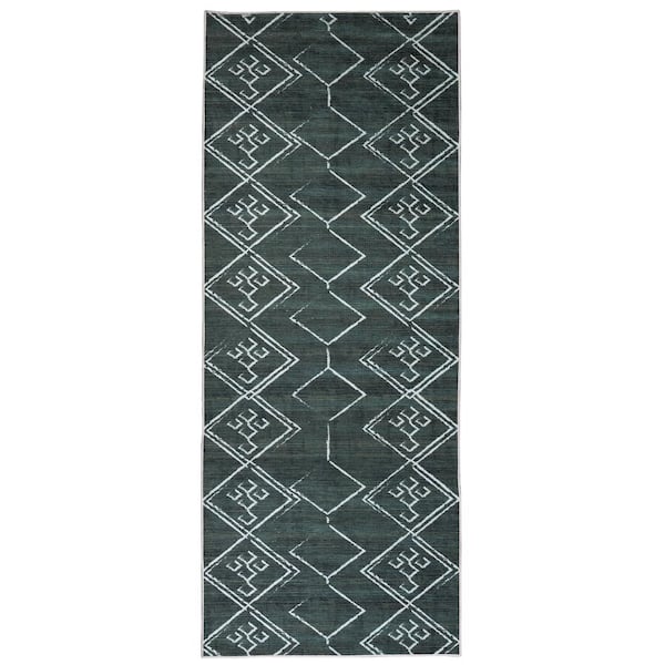 PLAYA RUG Aspen Green Creme 2 ft. 2 in. x 6 ft. Machine Washable Tribal Moroccan Bohemian Polyester Non-Slip Backing Area Rug