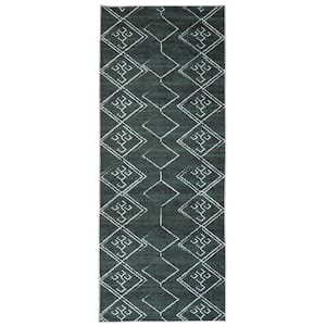 Aspen Green Creme 2 ft. 2 in. x 6 ft. Machine Washable Tribal Moroccan Bohemian Polyester Non-Slip Backing Area Rug