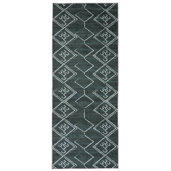 Aspen Green Creme 2 ft. 8 in. x 8 ft. Machine Washable Tribal Moroccan Bohemian Polyester Non-Slip Backing Area Rug