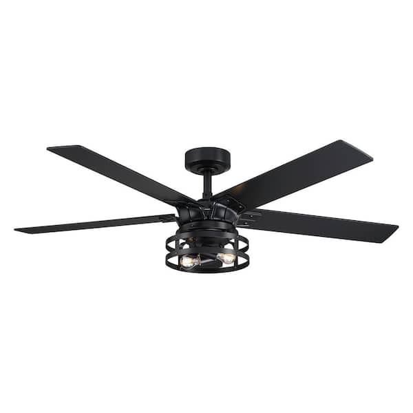 Parrot Uncle 52 in. Industrial Downrod Mount Black Ceiling Fan with Remote Control and Light Kit