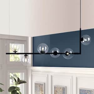Herculaneum 6-Light Black Modern Linear Branch Glass Bubble KitchenIsland Pendant with Clear Glass Globe for Dining Room