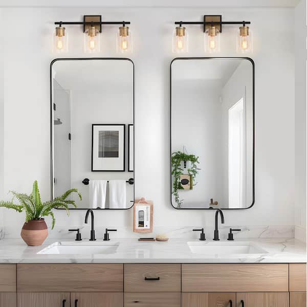 19.5 in. 3-Light Brass Gold Bathroom Vanity Light, Black Wall Sconce for Mirrors, Modern Bath Lighting with Clear Glass