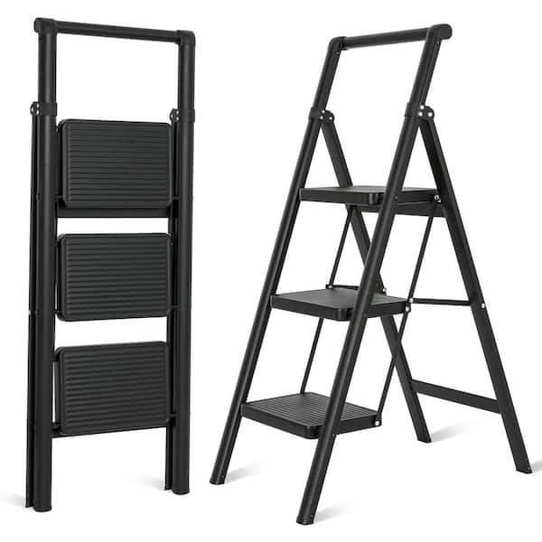 Reach 3 ft. Iron Foldable Non-Slip 3-Step Ladder, Max Load-Bearing 500lbs.,Step Stool for Home Office,Black