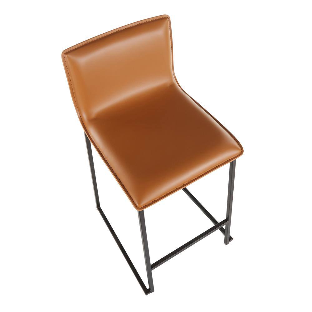 Mara 26" Black Metal and Camel Faux Leather Counter Stools, Set of 2
