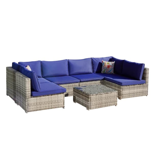 Unbranded 7-Piece Wicker Outdoor Sectional Set Patio Woven Rattan Sofa Set with Navy Blue Cushions