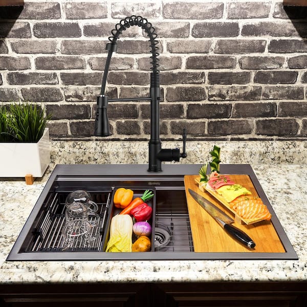 All-in-One Matte Black Finished Stainless Steel 33 in. x 22 in. Single Bowl Drop-in Kitchen Sink with Spring Neck Faucet