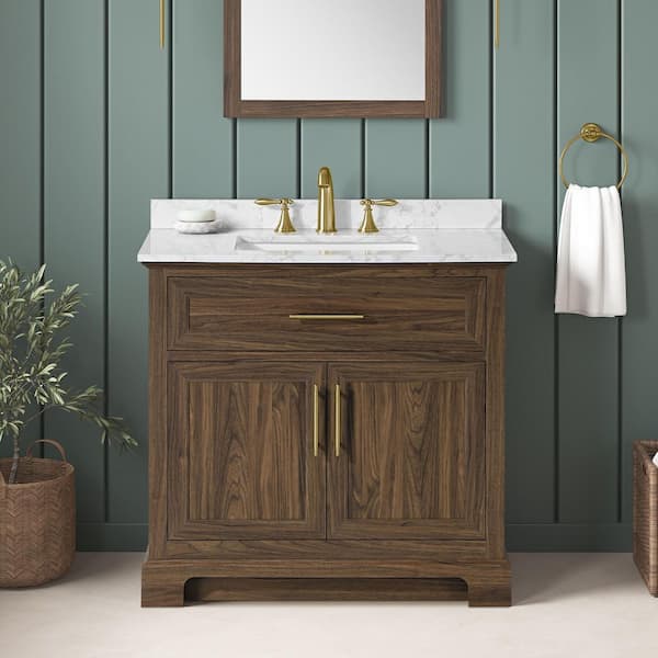 Doveton 36 in. Single Sink Dark Walnut Bath Vanity with White Engineered Marble Top (Assembled)