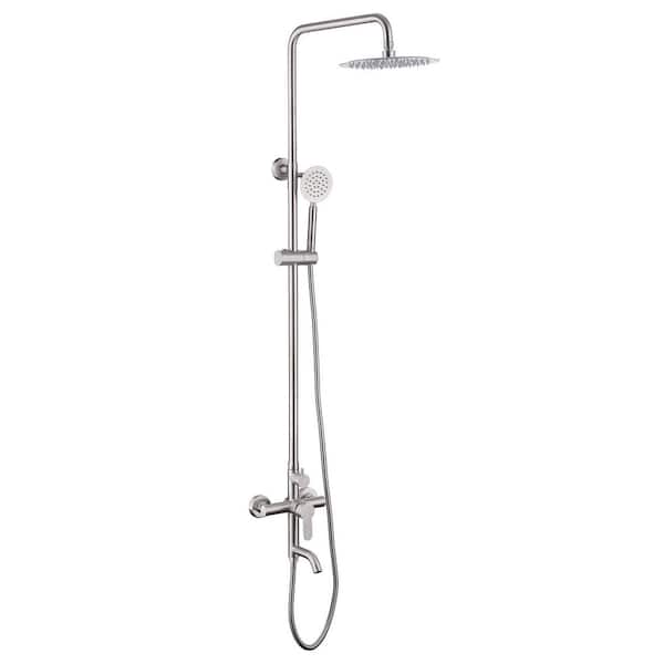 304 Stainless Steel Outdoor Wall Bar Shower Kit w/ Rotating Shower Head, Hand Shower and Tub Faucet in Silver