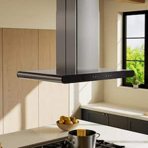 Deluxe 36 in. 400 CFM Convertible Kitchen Island Range Hood in Black with Exhaust Kitchen Vent Duct and Soft Controls