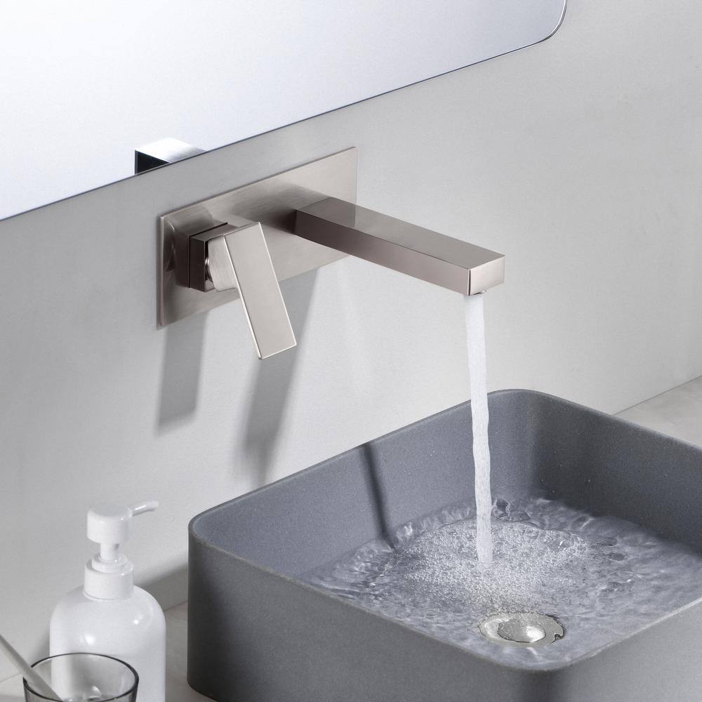 Brushed Nickel Wall Mount Bathroom Faucet with Lever Handle