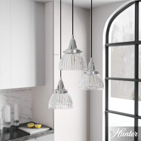 Hunter Cypress Grove 3 Light Brushed Nickel Waterfall Chandelier with Clear Holophane Glass Shades Kitchen Light