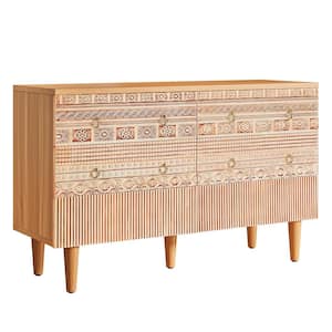 Helotes Oak 6-Drawers 47.24 in. W Chest of Drawers, Boho Accent Dresser with 6 Carved Drawers and Metal Legs
