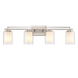 Lisbon 32 in. 4-Light Brushed Nickel Bathroom Vanity Light Fixture with Clear Glass Outer and Opal Glass Inner Shades