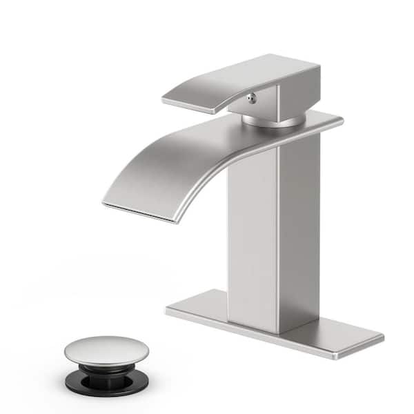 2-Piece Stainless Steel Bathroom Faucet with Single Handle for 1 or 3 Holes, Leak Resistant Waterfall Faucet, Nickel