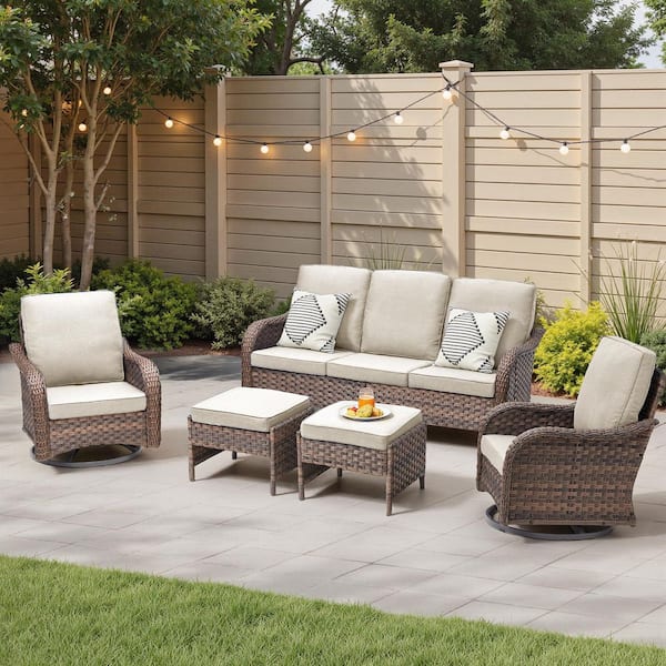 5-Piece Wicker Patio Conversation Set, Ergonomics Outdoor Chairs with Beige Cushions