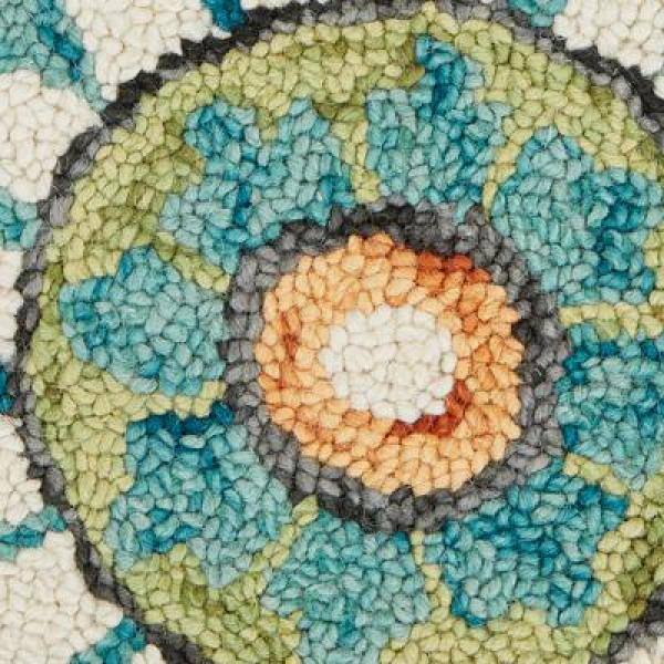 Handmade Floral Medallion Teal & Cream Wool Round Rug, 6' Diameter