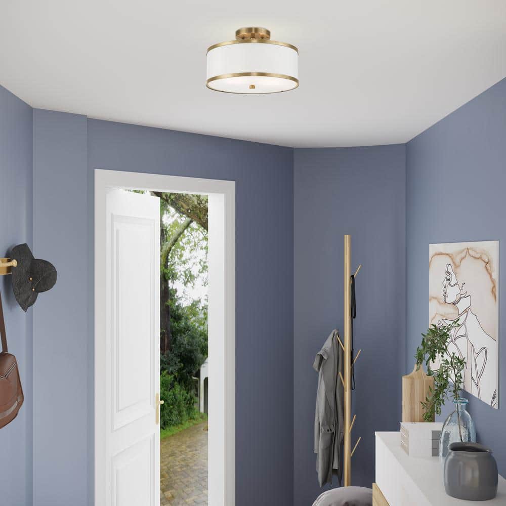 Antique Brass and Off-White Fabric Semi-Flush Mount Light