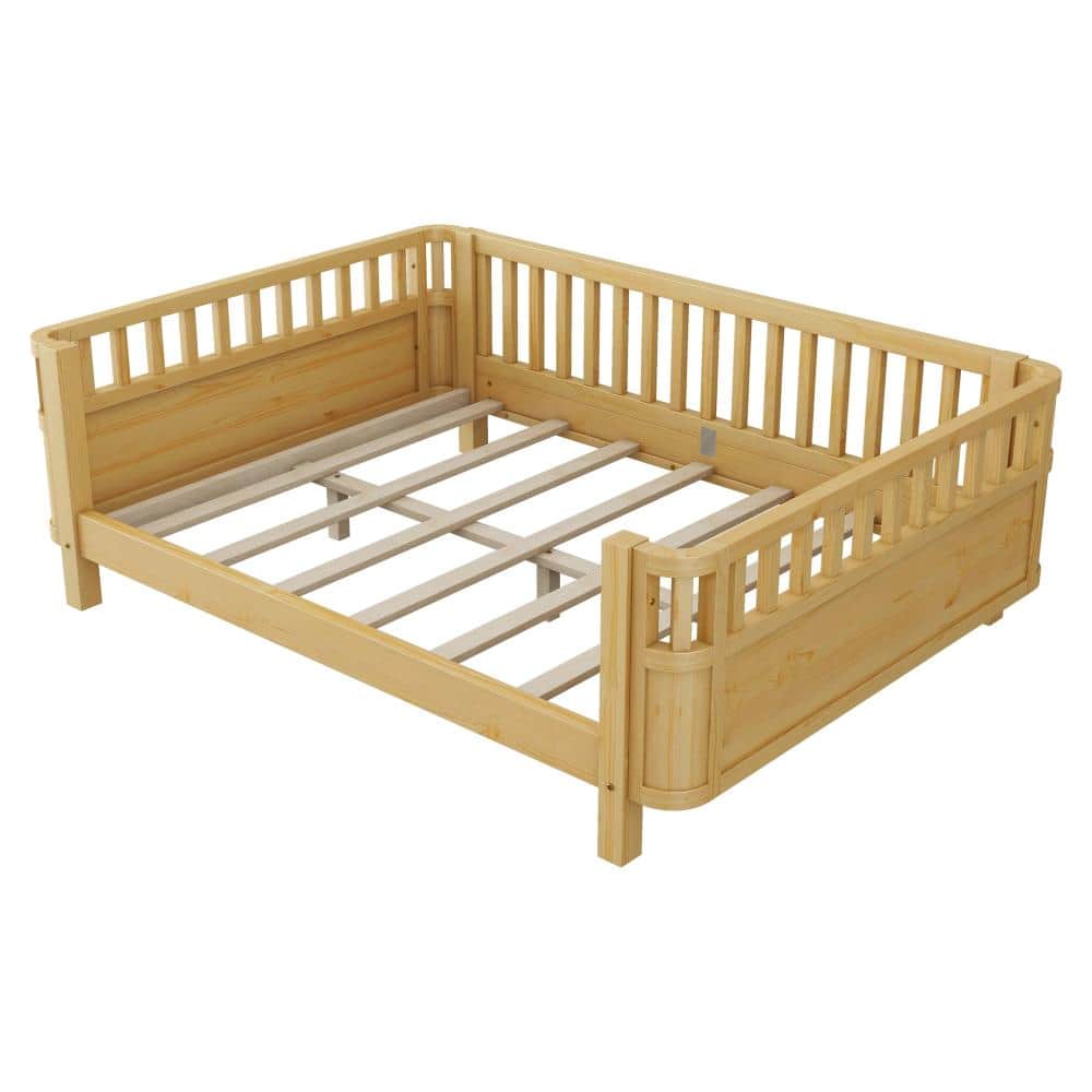 Natural Wood Frame Full Platform Bed with Guardrails and Low Profile Design durable construction