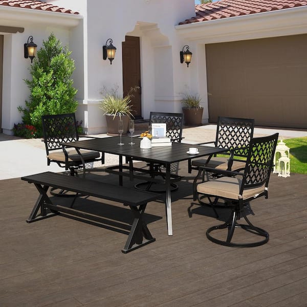 Black Metal Outdoor All Weather Bench with Sturdy X-Leg, Dining