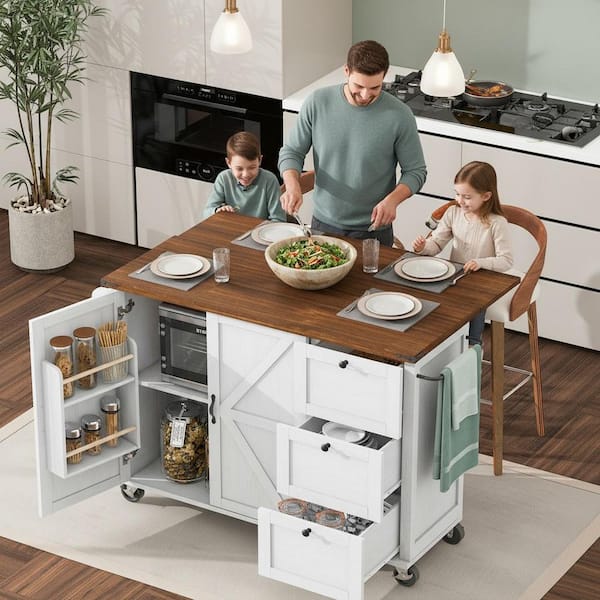 Runesay White Particle Board Wood 54.5 in. W Kitchen Island on Wheels with Power Outlet, Drop Leaf and Spice Rack