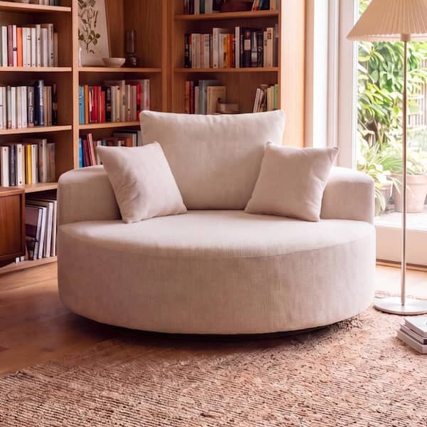 Modern 55" Oversized Round Beige Swivel Sofa Bed with High-Density Foam Cushion for Living Room, Bedroom