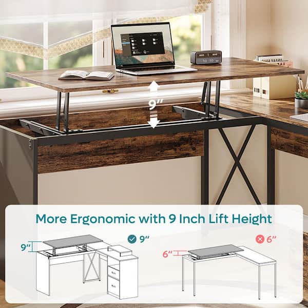 55.7 in. Rustic Brown 2 Drawer L-Shaped Computer Desk with Lift-Top