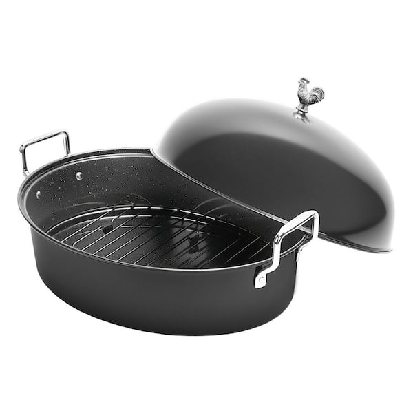 32 qt. Black Carbon Steel Roasting Pan Oven Safe Kitchen Roaster with Rack and Lid for Turkey and Beef