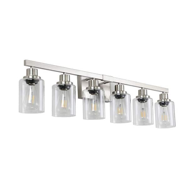 36.8 in. 6 Light Brushed Nickel Vanity Light with Clear Cylinder Glass Shade