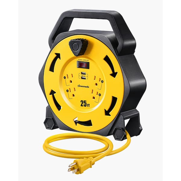 DEWENWILS Heavy Duty 25 ft. 16/3 SJTW 13 Amp Retractable Hand Wind Extension Cord Reel with 4-Power Outlets and 2-USB Ports