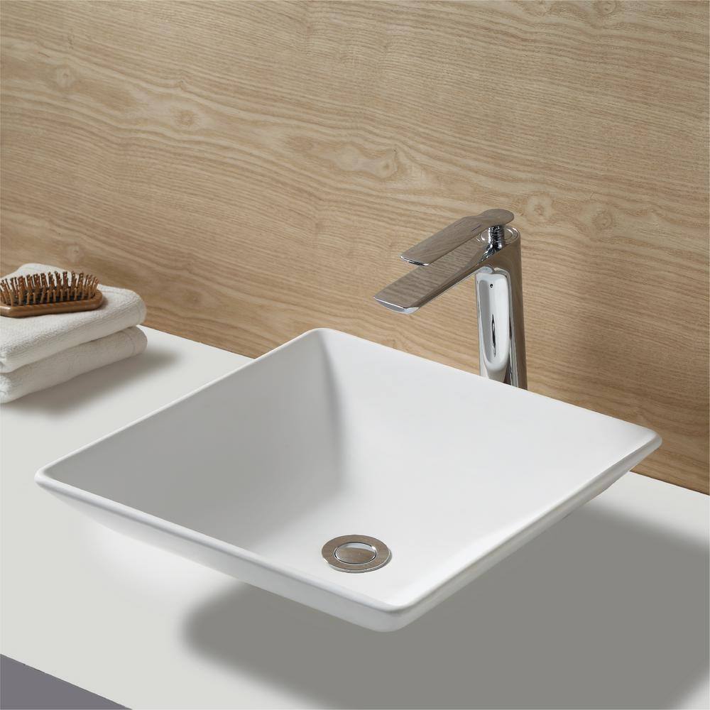 Matte White Square Acrylic Above-Counter Vessel Sink, 16"