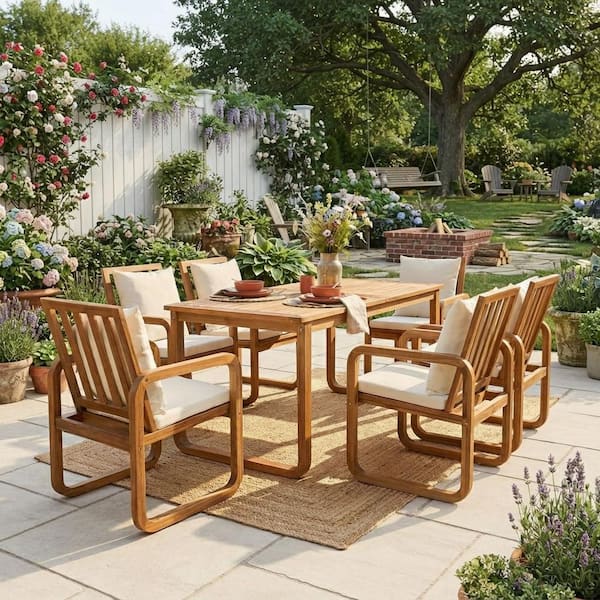 All-Weather Acacia Wood 7-Piece Outdoor Sectional Set Patio Dining Set with Removable Beige Cushions for Garden Deck