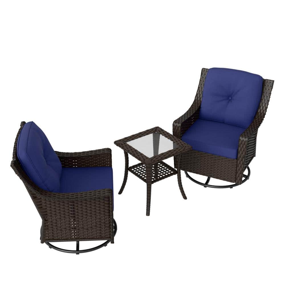 Azure Bay 3-Piece Brown Steel Wicker Outdoor Bistro Set with Blue Cushions