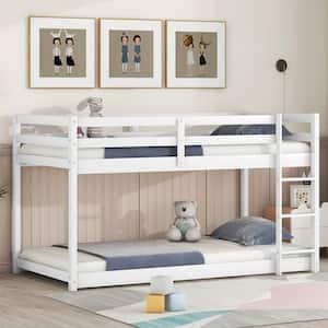 Modern White Twin Over Twin Size Low Bunk Beds, Wooden Floor Bunk Bed Frame with Slat and Ladder for Kids Boys Girls