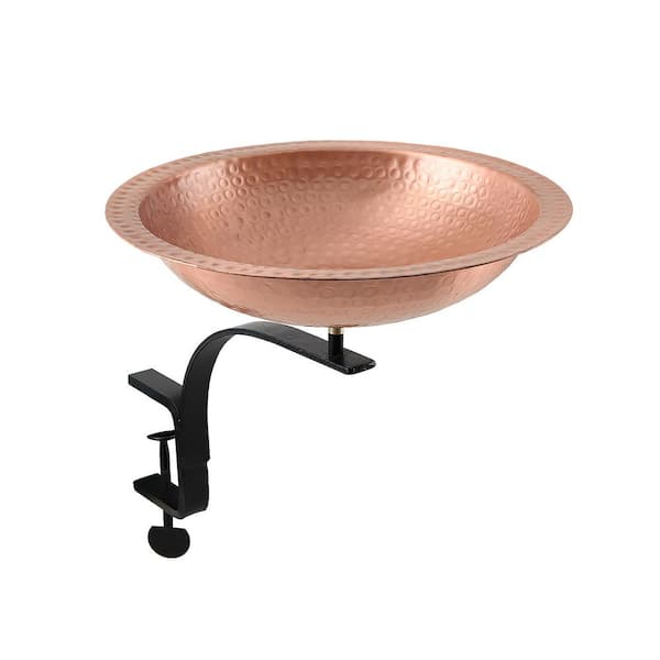 13.25 in. Tall Satin Copper Hammered Solid Copper Birdbath with Rail Mount Bracket