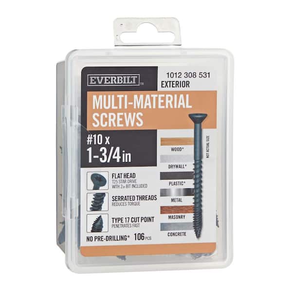 #10 x 1-3/4 in. Black 6-Lobe Torx Drive Exterior Flat Head Multi-Material Screw 1 lb. -Box (106-Piece)