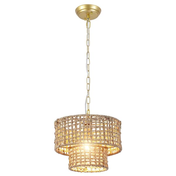 1-Light Gold & Brown Farmhouse Drum Chandelier with 2-Tier Hand-Woven Rattan Shade for Kitchen Island
